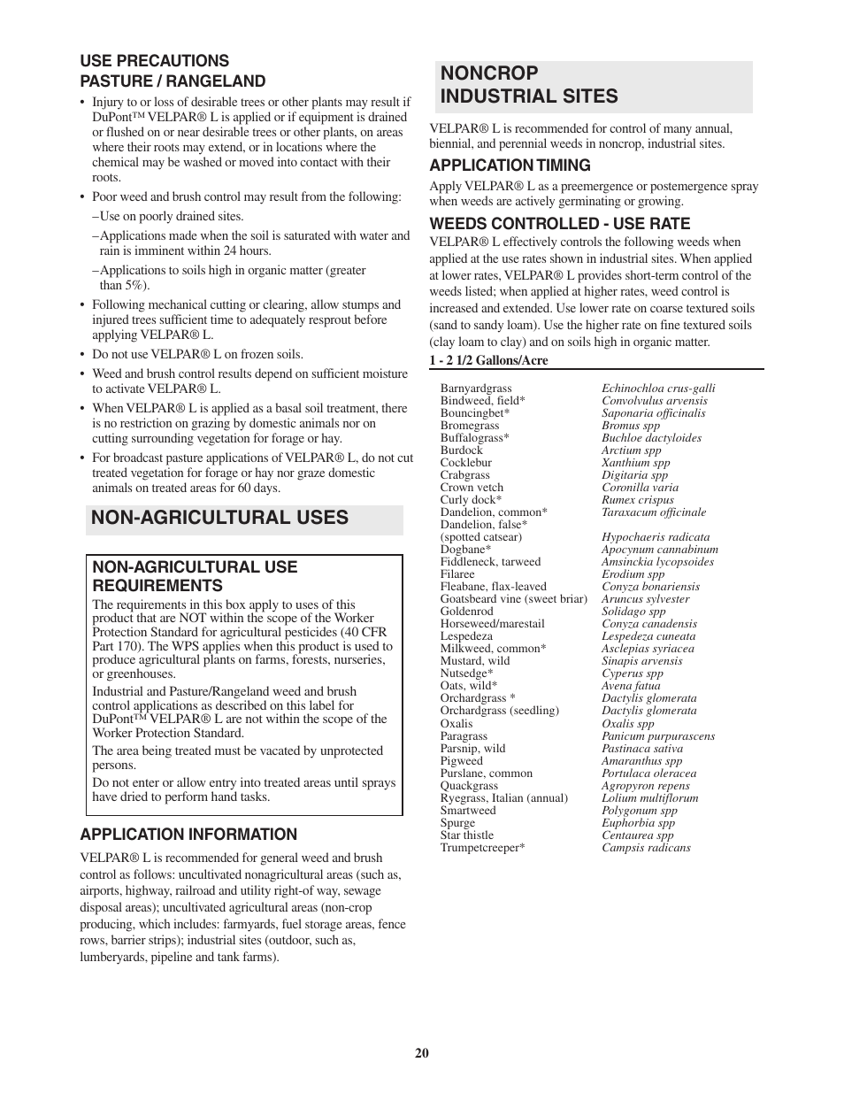 Noncrop industrial sites, Non-agricultural uses, Use precautions pasture / rangeland | Application information, Application timing, Weeds controlled - use rate, Non-agricultural use requirements | DuPont Authentication Velpar H - 65396 User Manual | Page 22 / 27