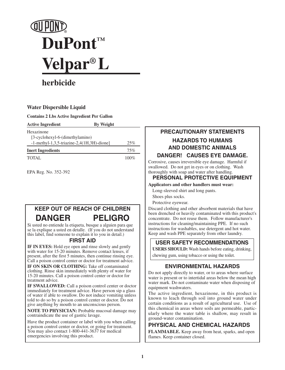 Dupont, Velpar, Herbicide | Danger peligro | DuPont Authentication Velpar H - 65396 User Manual | Page 3 / 27