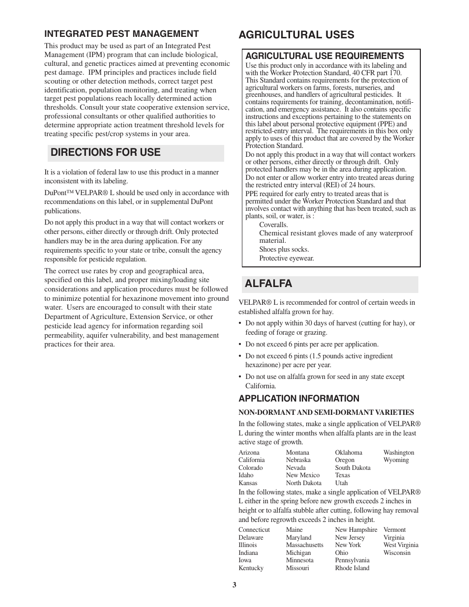 Agricultural uses, Alfalfa, Directions for use | DuPont Authentication Velpar H - 65396 User Manual | Page 5 / 27