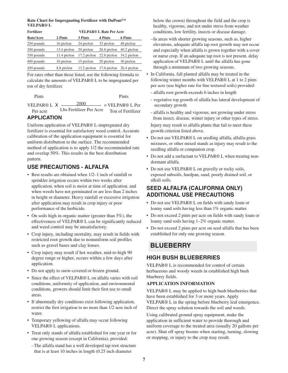 Blueberry, Use precautions - alfalfa, High bush blueberries | DuPont Authentication Velpar H - 65396 User Manual | Page 9 / 27