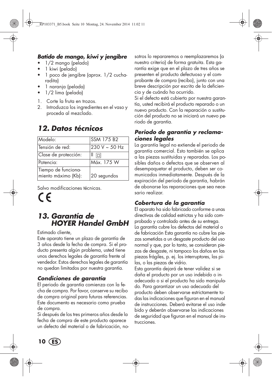 Datos técnicos, Garantía de hoyer handel gmbh | Silvercrest SSM 175 B2 User Manual | Page 12 / 54