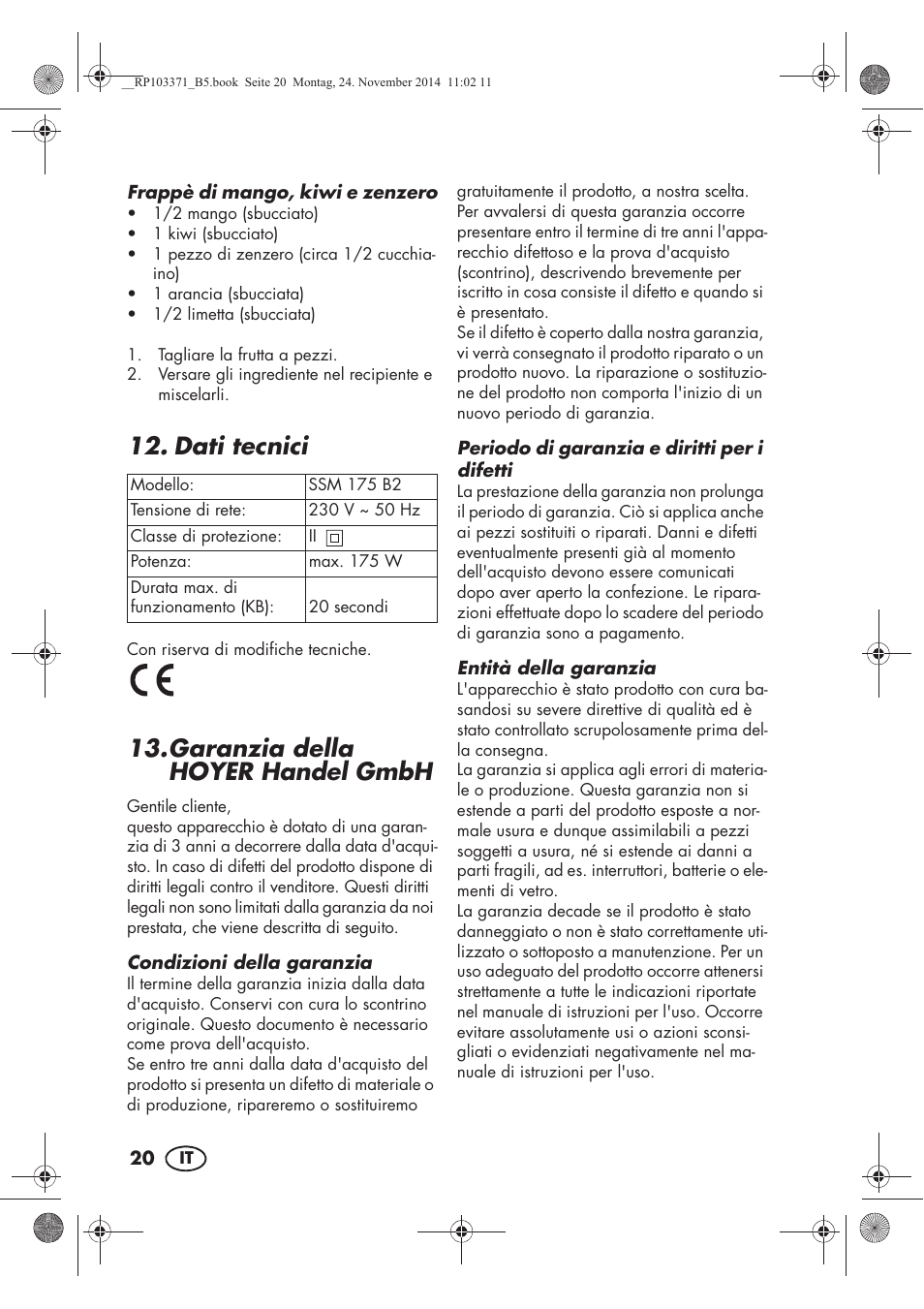 Dati tecnici, Garanzia della hoyer handel gmbh | Silvercrest SSM 175 B2 User Manual | Page 22 / 54