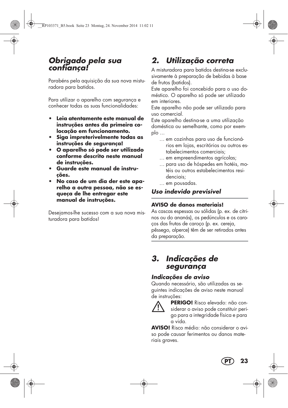 Obrigado pela sua confiança, Utilização correta, Indicações de segurança | Silvercrest SSM 175 B2 User Manual | Page 25 / 54