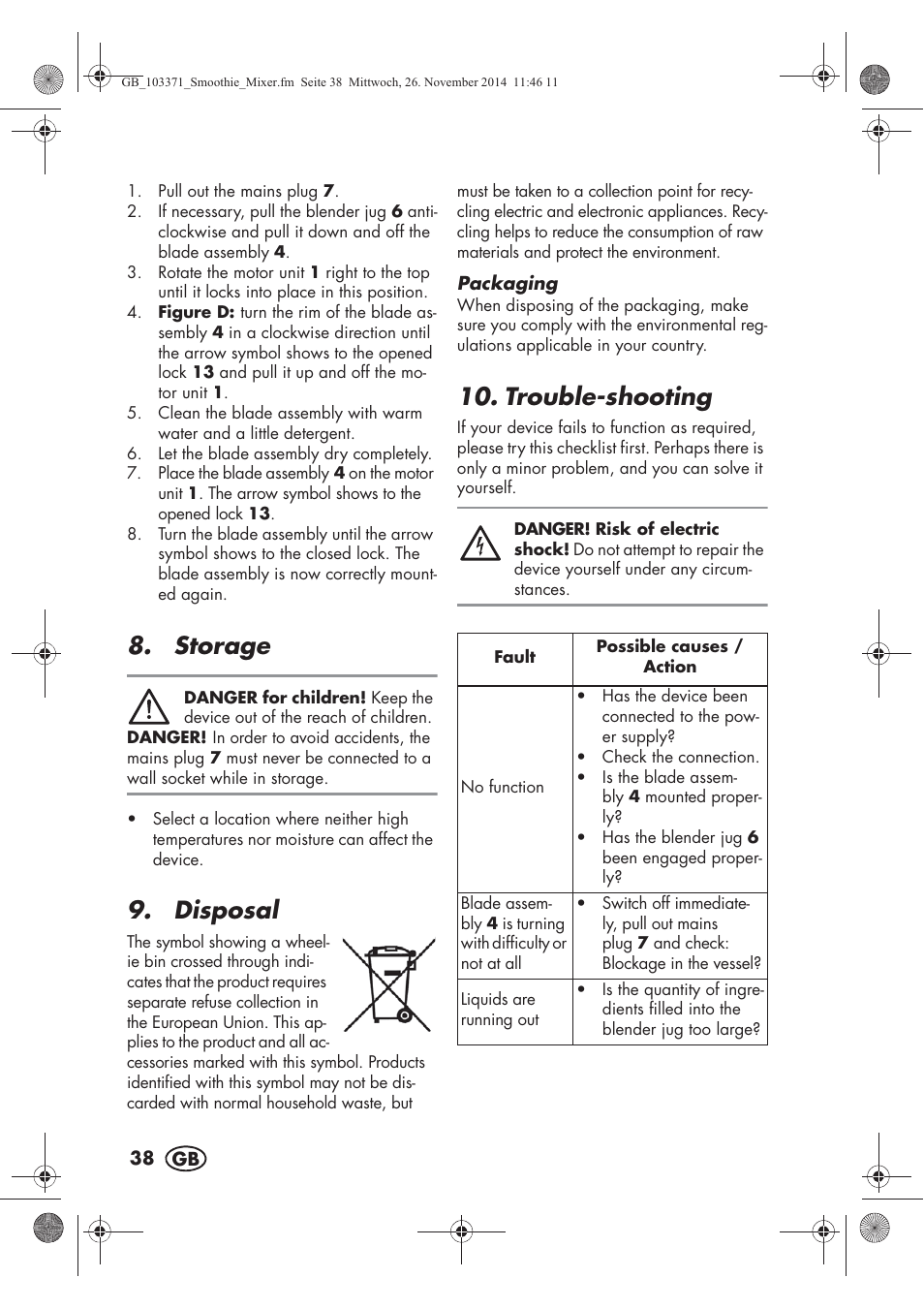 Storage, Disposal, Trouble-shooting | Silvercrest SSM 175 B2 User Manual | Page 40 / 54