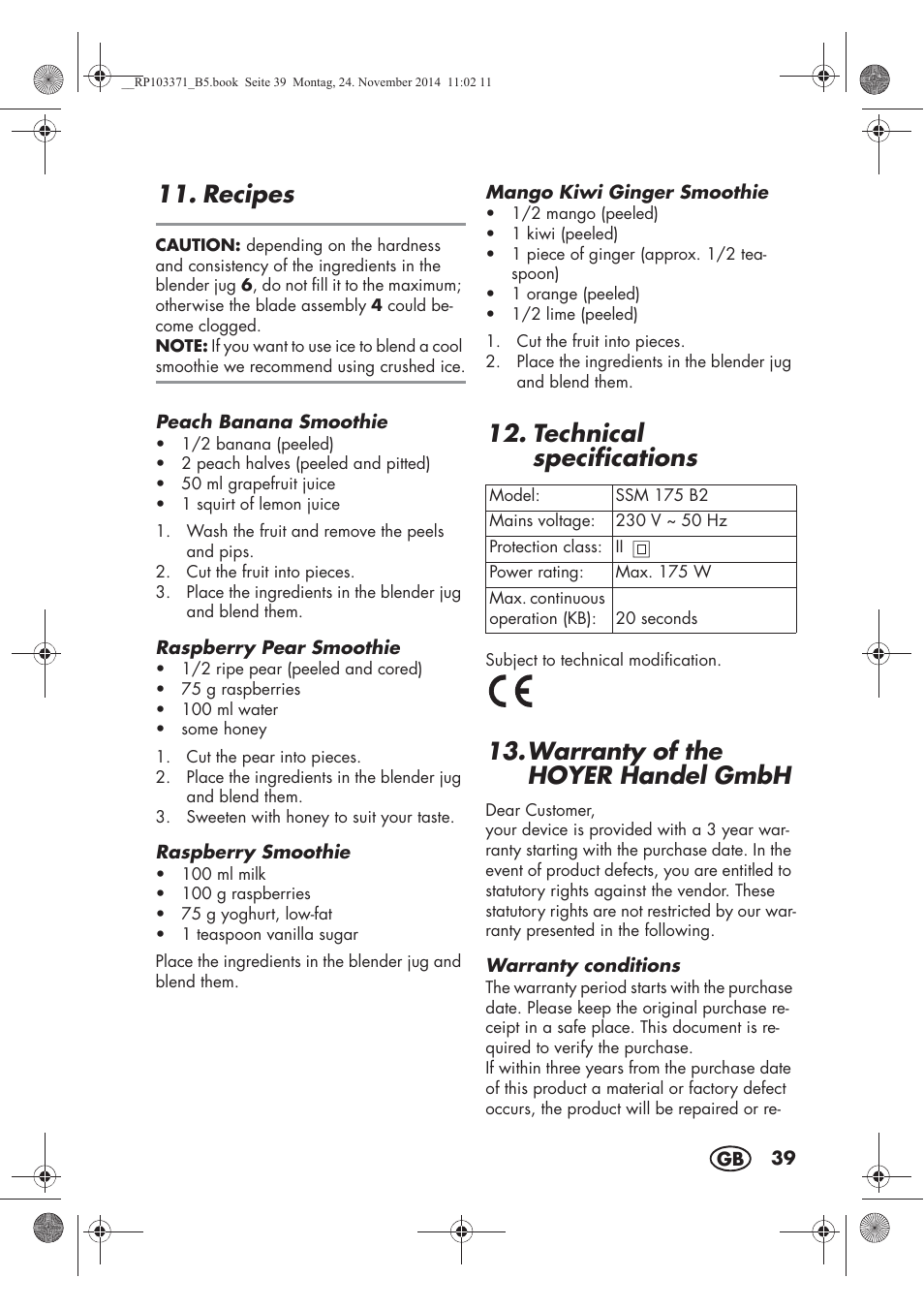 Recipes, Technical specifications, Warranty of the hoyer handelgmbh | Silvercrest SSM 175 B2 User Manual | Page 41 / 54