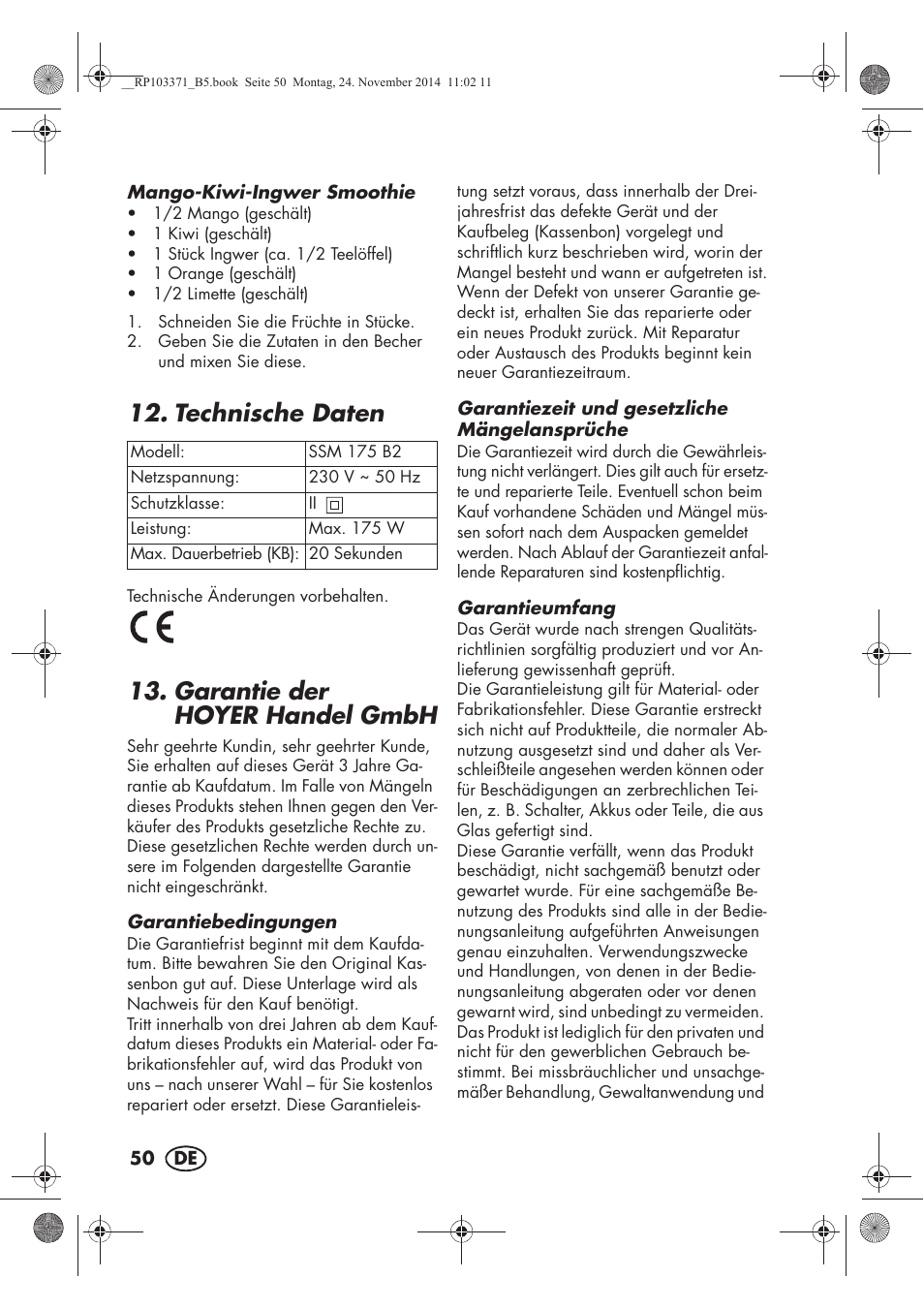 Technische daten, Garantie der hoyerhandel gmbh | Silvercrest SSM 175 B2 User Manual | Page 52 / 54