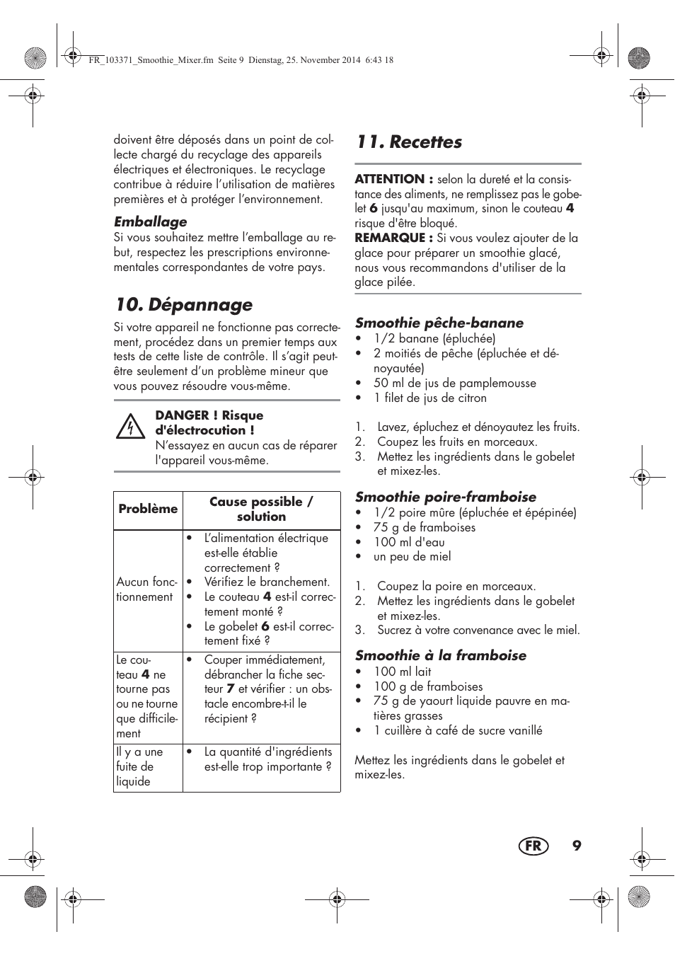 Dépannage, Recettes | Silvercrest SSM 175 B2 User Manual | Page 11 / 46