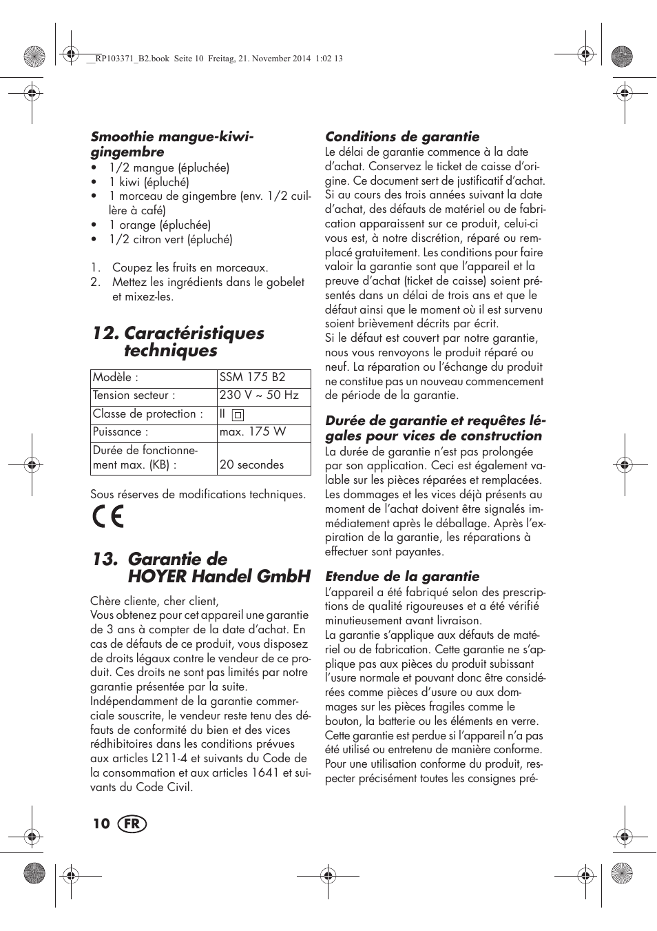 Caractéristiques techniques, Garantie de hoyer handel gmbh | Silvercrest SSM 175 B2 User Manual | Page 12 / 46