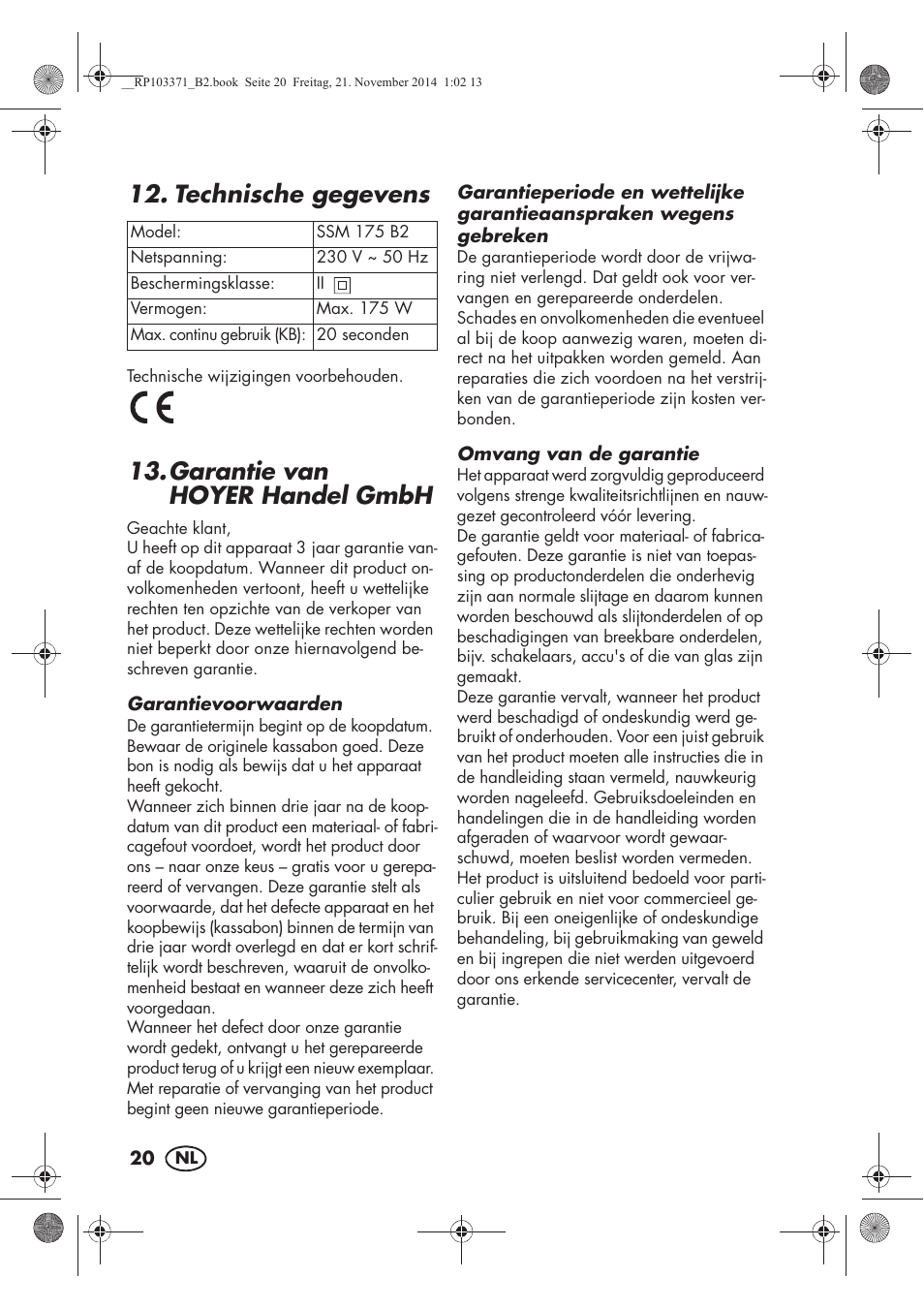 Technische gegevens, Garantie van hoyerhandel gmbh | Silvercrest SSM 175 B2 User Manual | Page 22 / 46