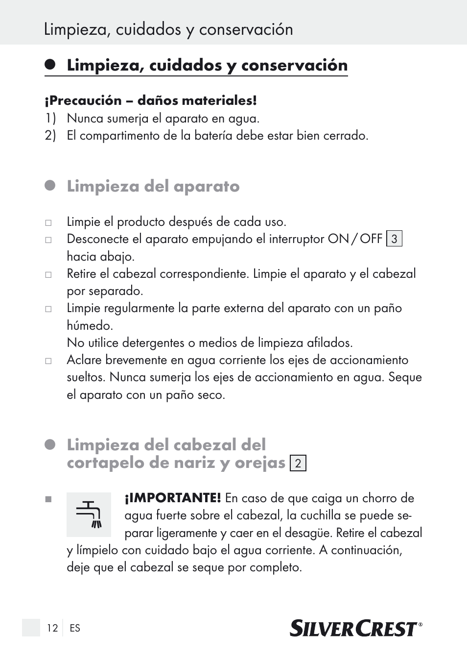 Limpieza, cuidados y conservación, Limpieza del aparato | Silvercrest Nose & Ear Hair Trimmer User Manual | Page 12 / 65