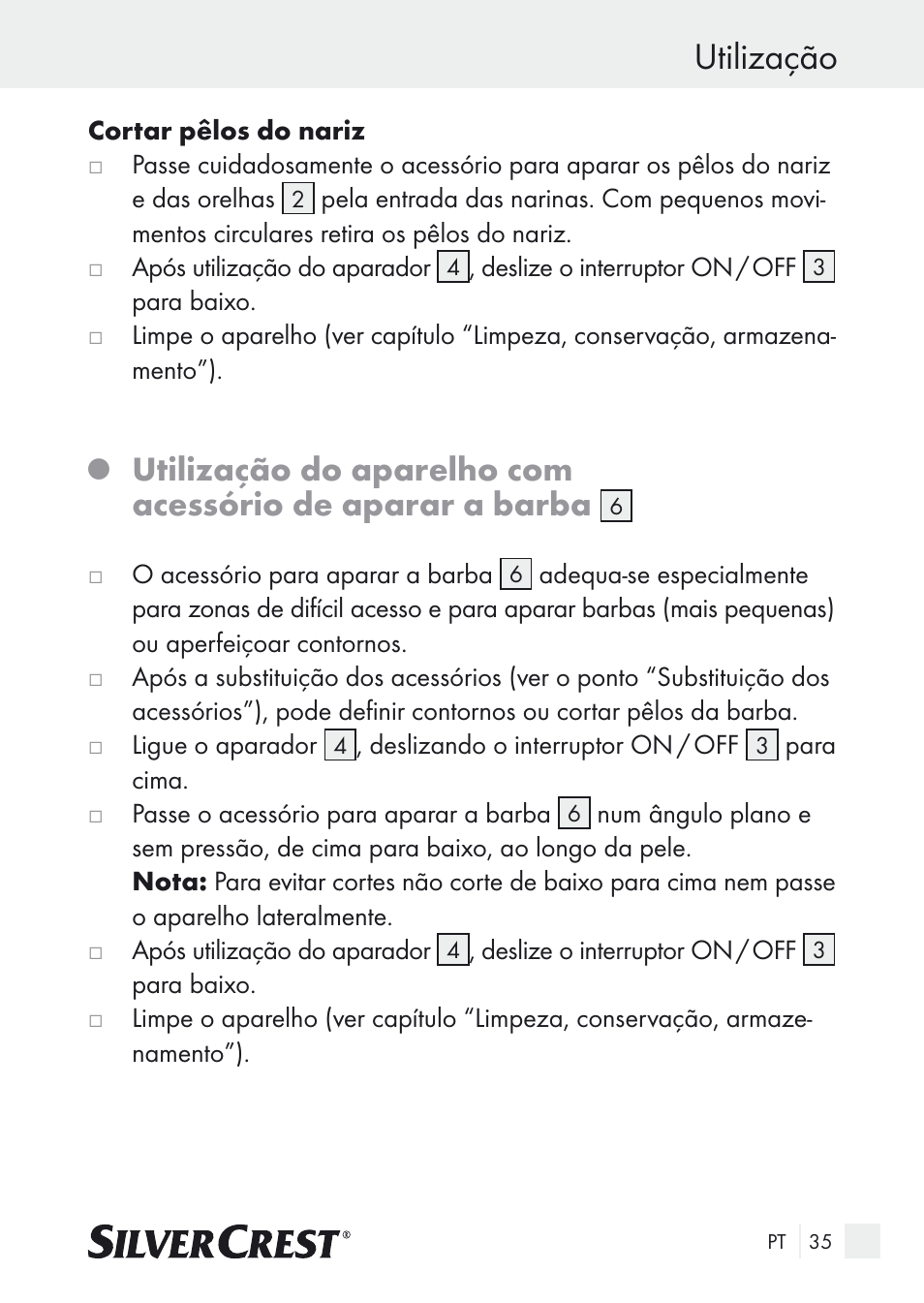 Utilização | Silvercrest Nose & Ear Hair Trimmer User Manual | Page 35 / 65