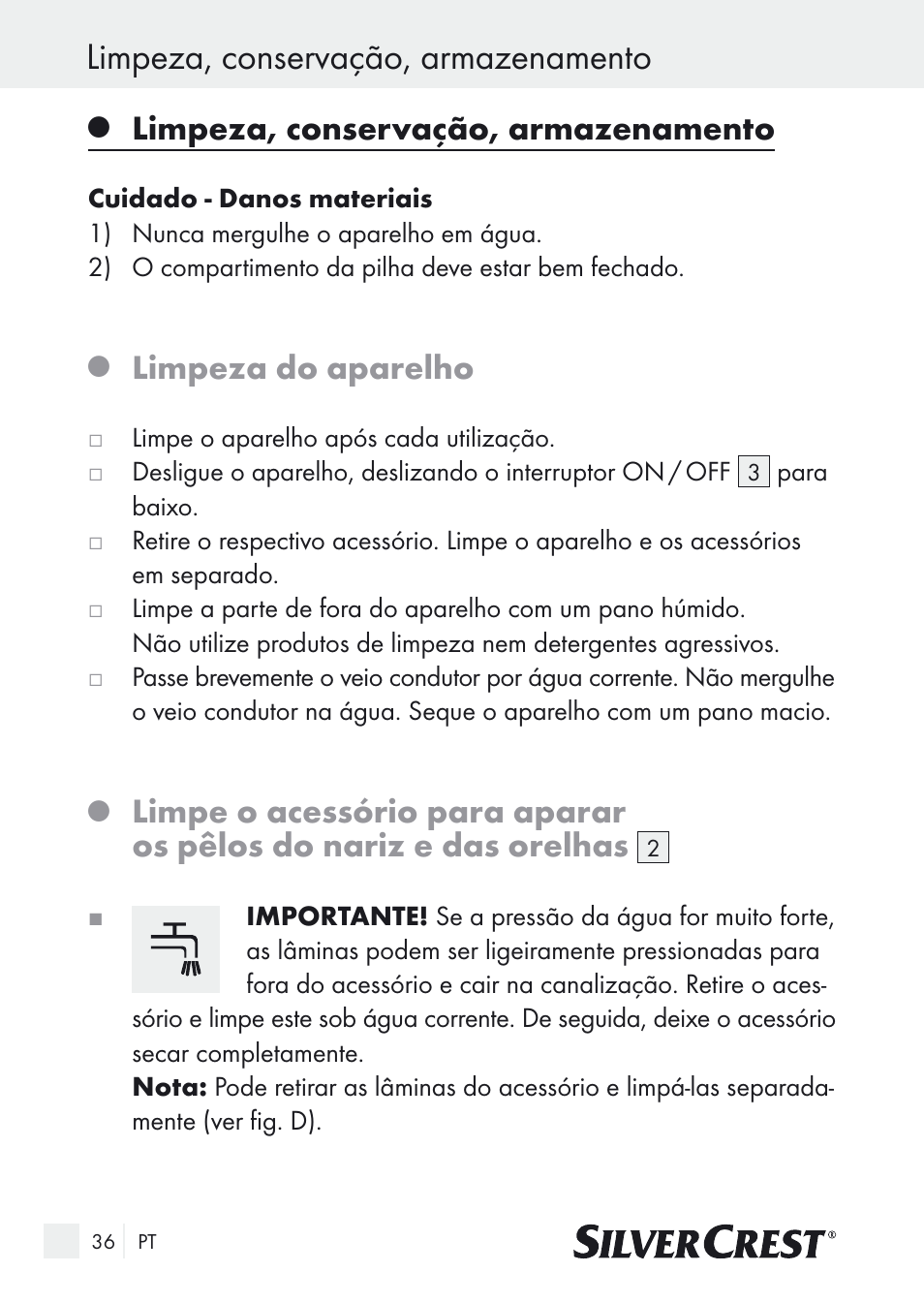 Limpeza, conservação, armazenamento, Limpeza do aparelho | Silvercrest Nose & Ear Hair Trimmer User Manual | Page 36 / 65