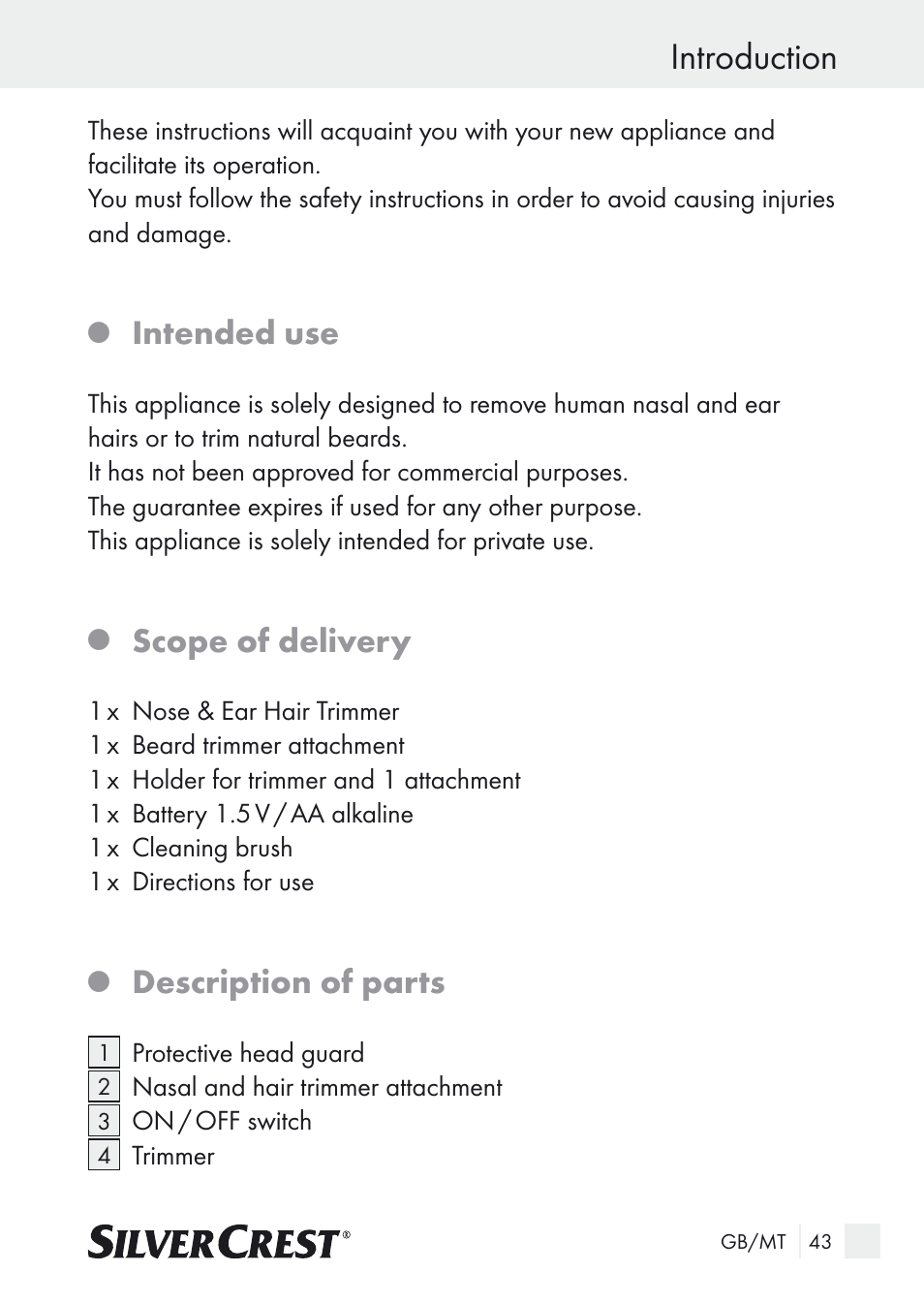 Introduction, Intended use, Scope of delivery | Description of parts | Silvercrest Nose & Ear Hair Trimmer User Manual | Page 43 / 65