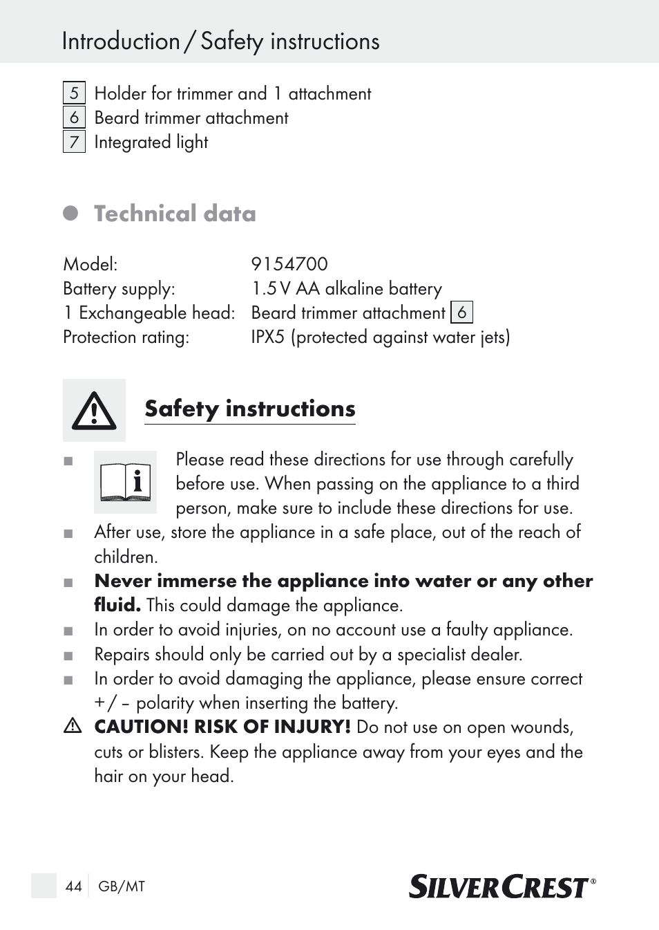 Introduction / safety instructions, Technical data, Safety instructions | Silvercrest Nose & Ear Hair Trimmer User Manual | Page 44 / 65