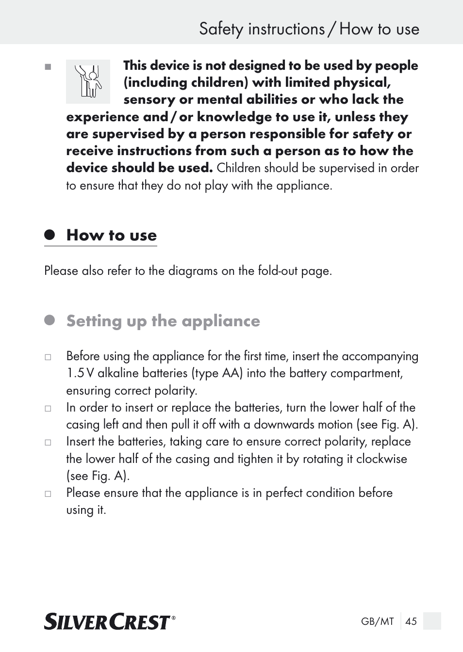 Safety instructions / how to use, How to use, Setting up the appliance | Silvercrest Nose & Ear Hair Trimmer User Manual | Page 45 / 65