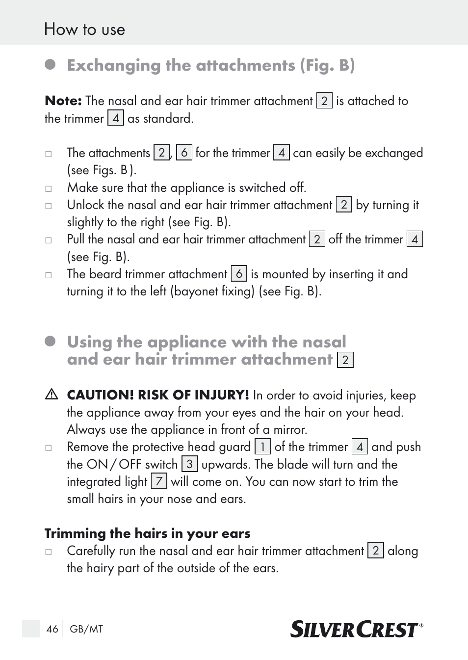 How to use, Exchanging the attachments (fig. b) | Silvercrest Nose & Ear Hair Trimmer User Manual | Page 46 / 65