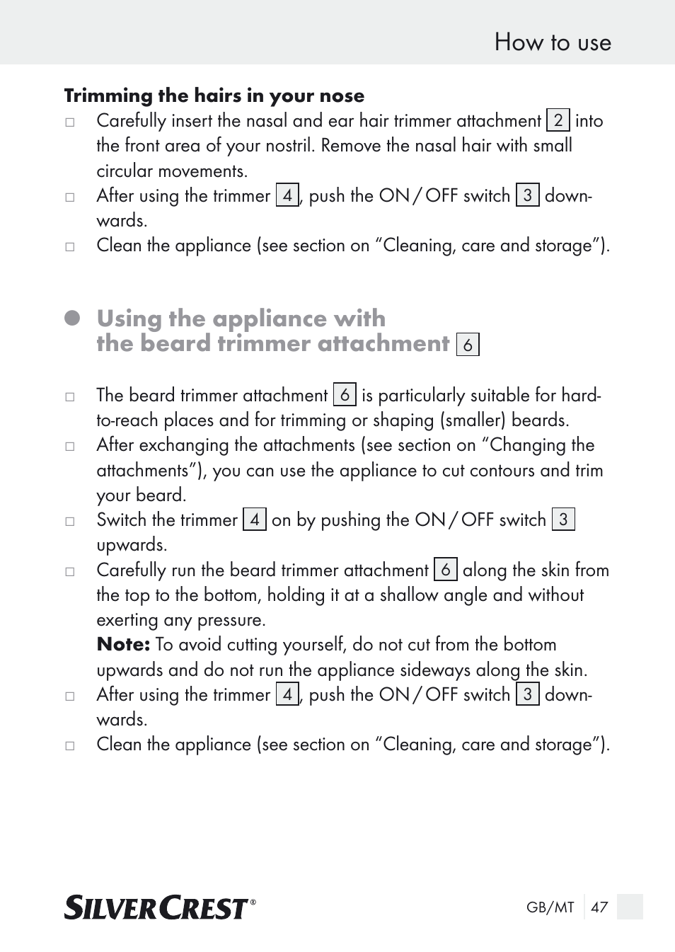 How to use | Silvercrest Nose & Ear Hair Trimmer User Manual | Page 47 / 65