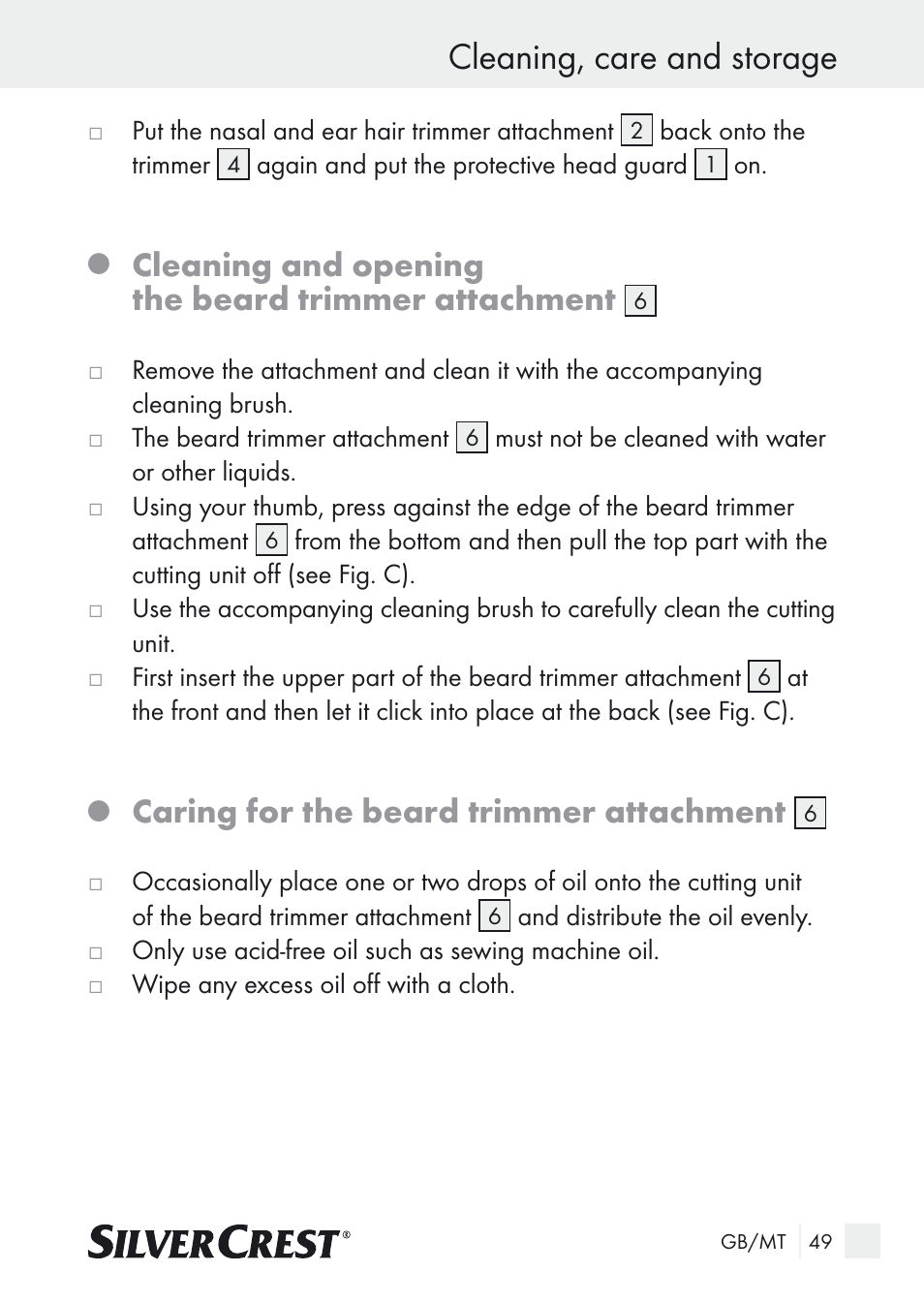 Cleaning, care and storage, Cleaning and opening the beard trimmer attachment, Caring for the beard trimmer attachment | Silvercrest Nose & Ear Hair Trimmer User Manual | Page 49 / 65