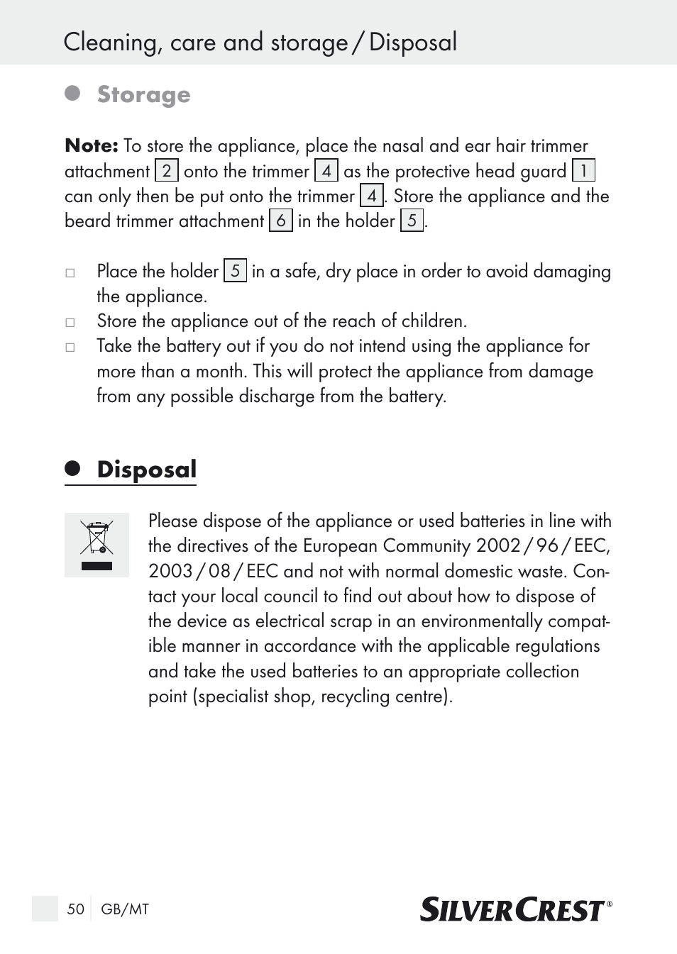 Cleaning, care and storage / disposal, Storage, Disposal | Silvercrest Nose & Ear Hair Trimmer User Manual | Page 50 / 65