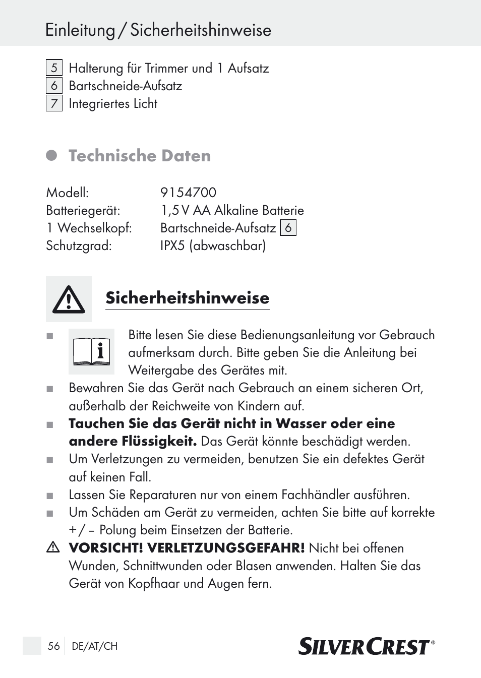 Einleitung / sicherheitshinweise, Technische daten, Sicherheitshinweise | Silvercrest Nose & Ear Hair Trimmer User Manual | Page 56 / 65