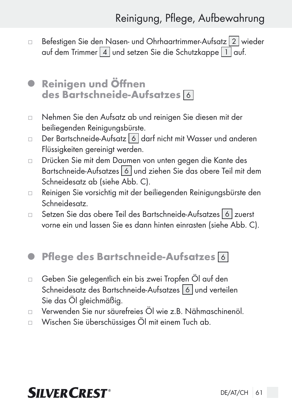 Reinigung, pflege, aufbewahrung, Reinigen und öffnen des bartschneide-aufsatzes, Pflege des bartschneide-aufsatzes | Silvercrest Nose & Ear Hair Trimmer User Manual | Page 61 / 65