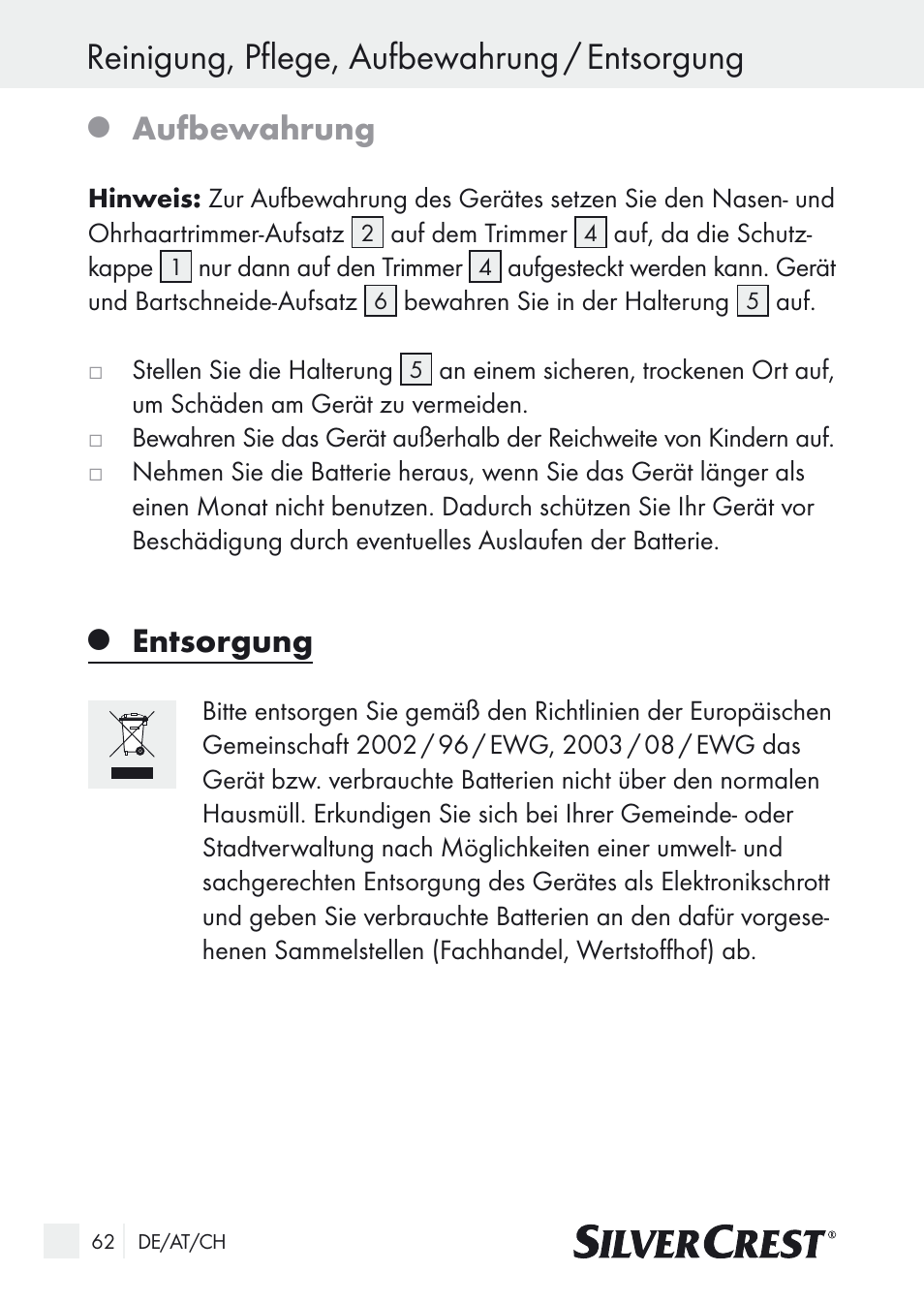 Reinigung, pflege, aufbewahrung / entsorgung, Aufbewahrung, Entsorgung | Silvercrest Nose & Ear Hair Trimmer User Manual | Page 62 / 65