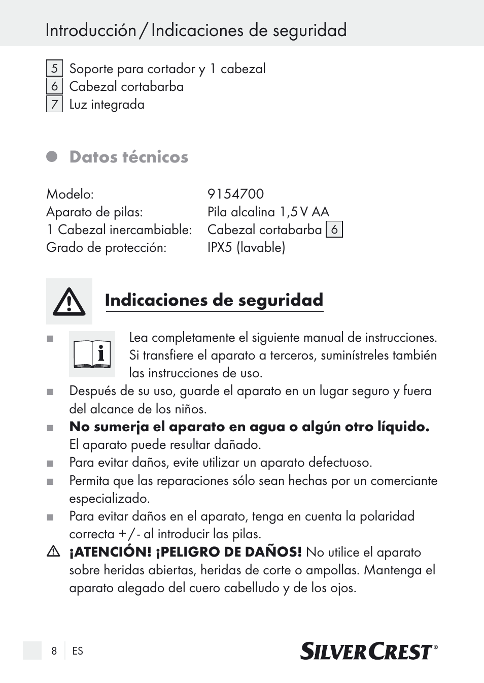 Introducción / indicaciones de seguridad, Datos técnicos, Indicaciones de seguridad | Silvercrest Nose & Ear Hair Trimmer User Manual | Page 8 / 65