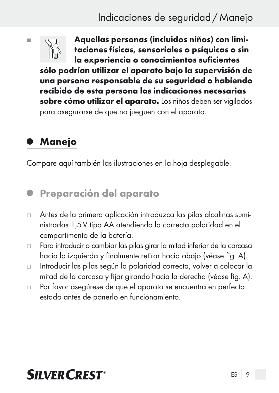 Indicaciones de seguridad / manejo, Manejo, Preparación del aparato | Silvercrest Nose & Ear Hair Trimmer User Manual | Page 9 / 65