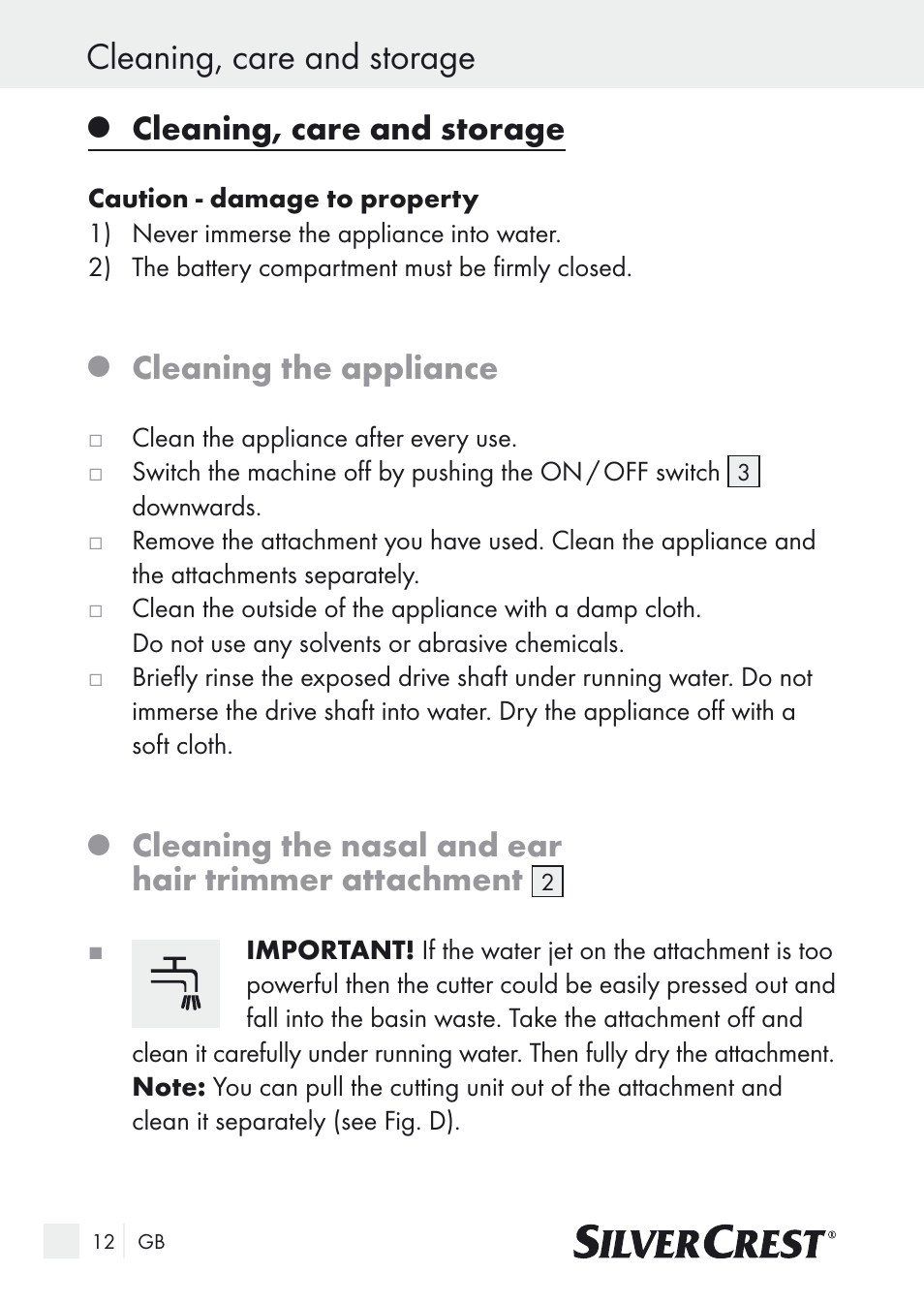 Cleaning, care and storage, Cleaning the appliance, Cleaning the nasal and ear hair trimmer attachment | Silvercrest Nose & Ear Hair Trimmer User Manual | Page 12 / 89