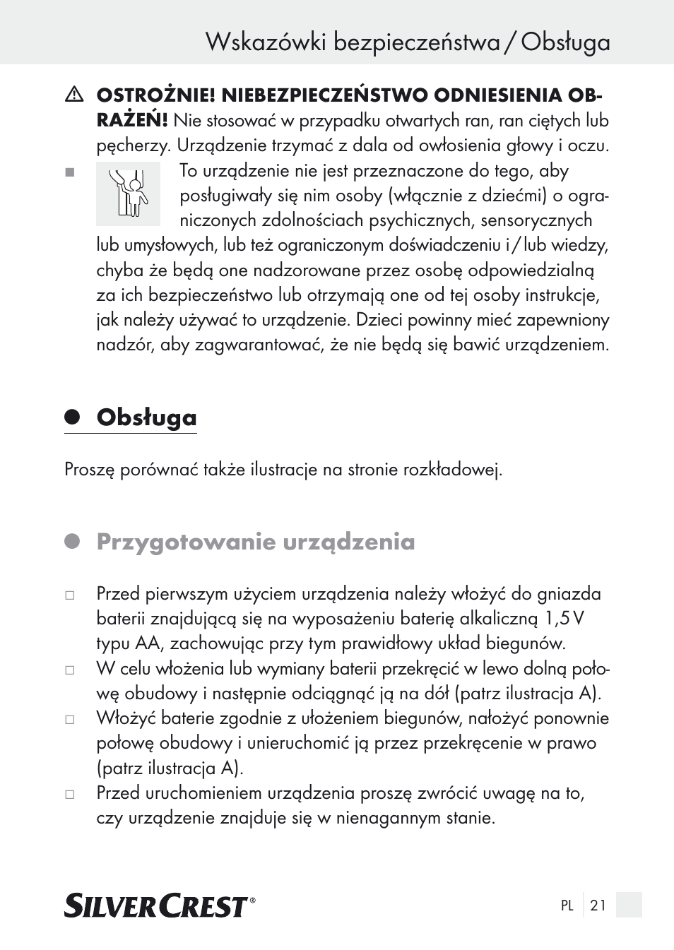 Wskazówki bezpieczeństwa / obsługa, Obsługa, Przygotowanie urządzenia | Silvercrest Nose & Ear Hair Trimmer User Manual | Page 21 / 89