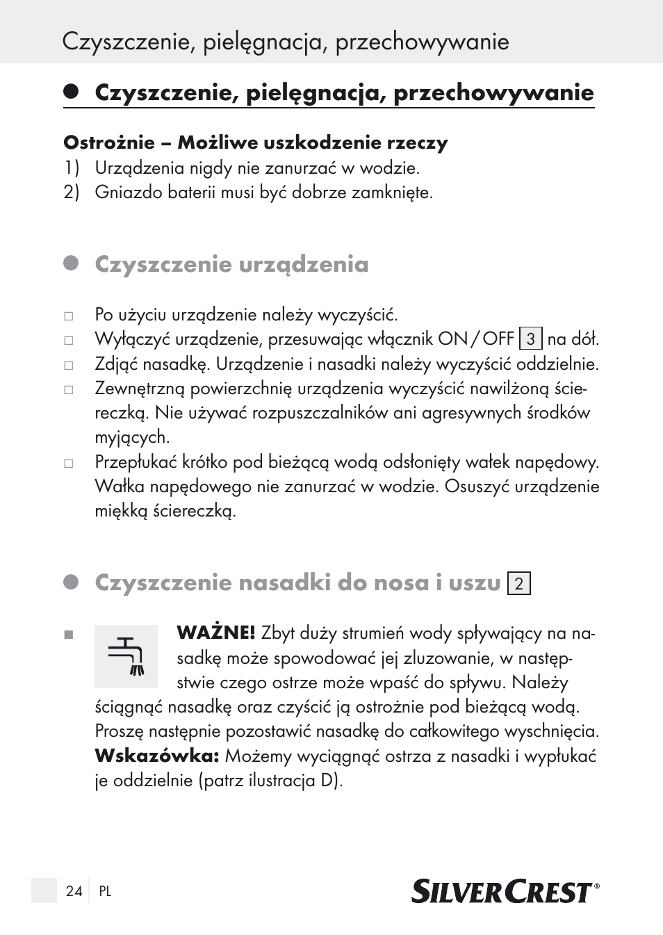 Czyszczenie, pielęgnacja, przechowywanie, Czyszczenie urządzenia, Czyszczenie nasadki do nosa i uszu | Silvercrest Nose & Ear Hair Trimmer User Manual | Page 24 / 89