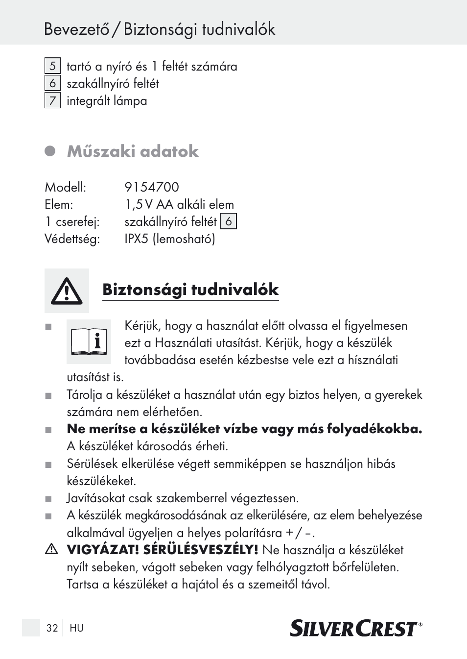 Bevezető / biztonsági tudnivalók, Műszaki adatok, Biztonsági tudnivalók | Silvercrest Nose & Ear Hair Trimmer User Manual | Page 32 / 89