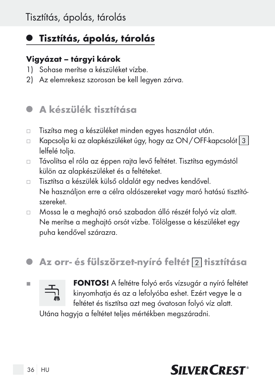 Tisztítás, ápolás, tárolás, A készülék tisztítása, Az orr- és fülszörzet-nyíró feltét | Tisztítása | Silvercrest Nose & Ear Hair Trimmer User Manual | Page 36 / 89