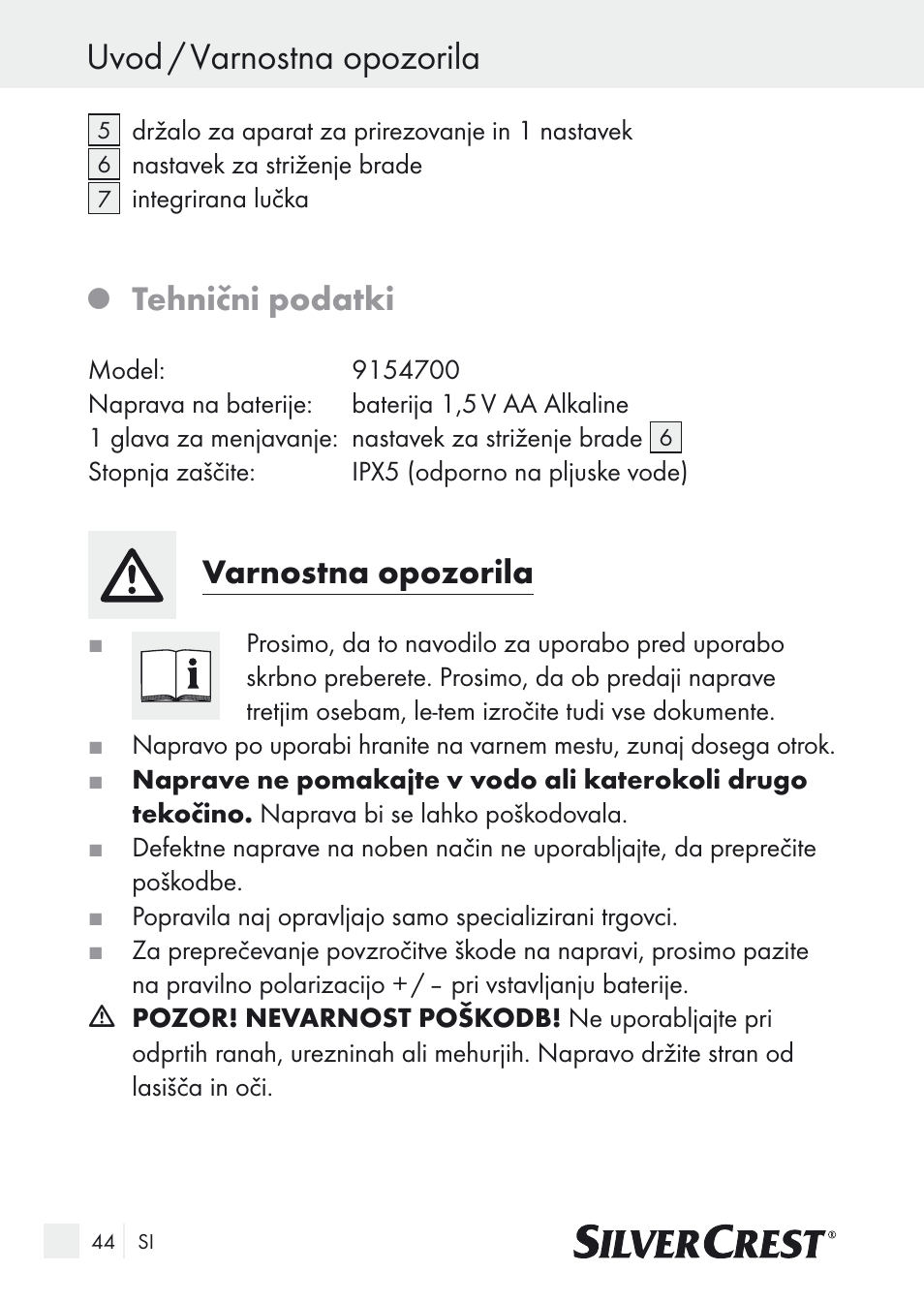 Uvod / varnostna opozorila, Tehnični podatki, Varnostna opozorila | Silvercrest Nose & Ear Hair Trimmer User Manual | Page 44 / 89