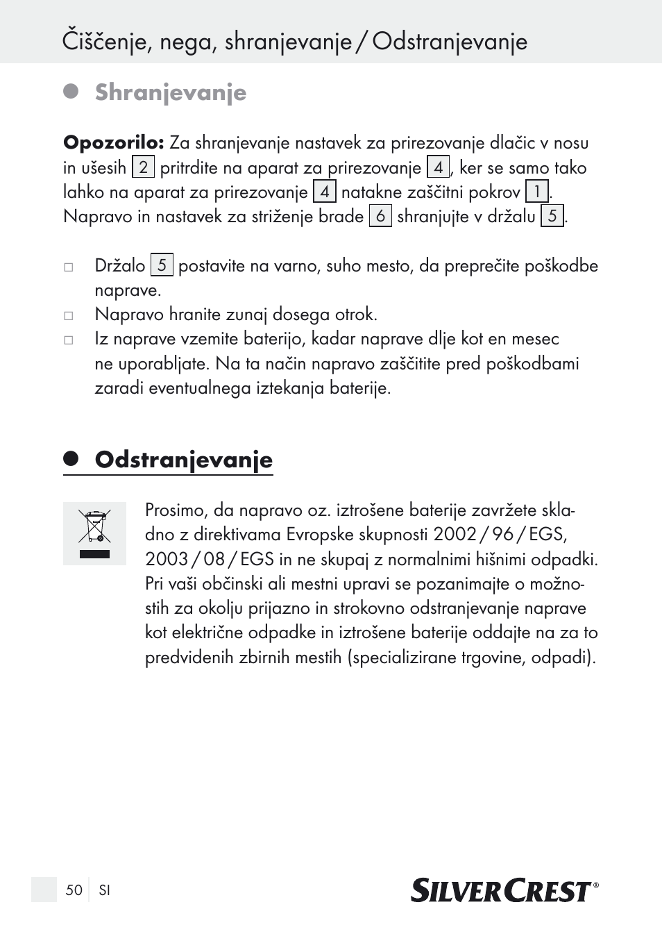 Čiščenje, nega, shranjevanje / odstranjevanje, Shranjevanje, Odstranjevanje | Silvercrest Nose & Ear Hair Trimmer User Manual | Page 50 / 89