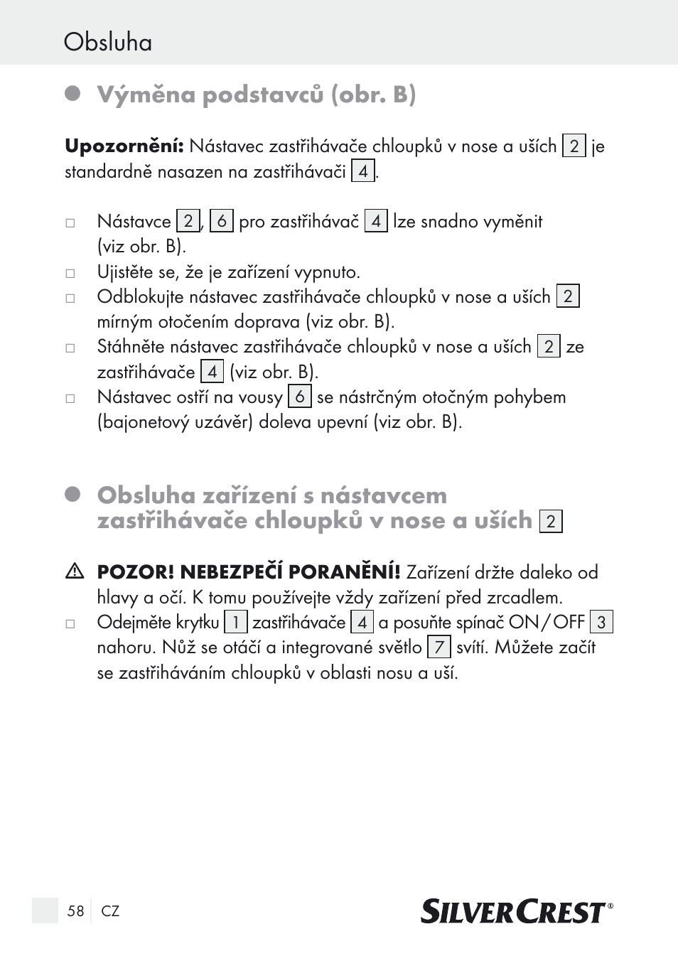 Obsluha, Výměna podstavců (obr. b) | Silvercrest Nose & Ear Hair Trimmer User Manual | Page 58 / 89