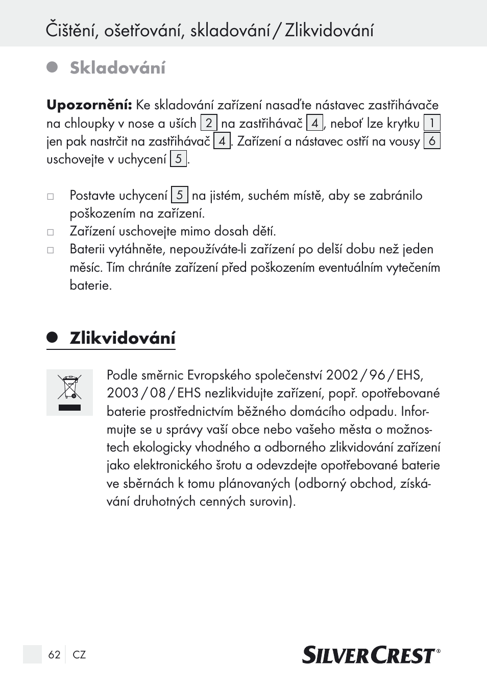 Čištění, ošetřování, skladování / zlikvidování, Skladování, Zlikvidování | Silvercrest Nose & Ear Hair Trimmer User Manual | Page 62 / 89