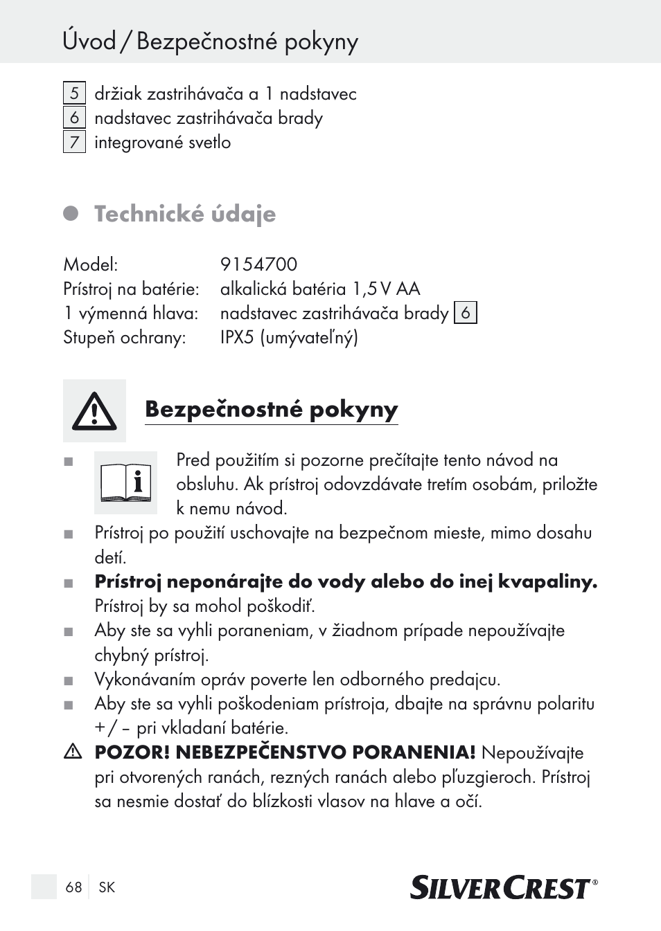 Úvod / bezpečnostné pokyny, Technické údaje, Bezpečnostné pokyny | Silvercrest Nose & Ear Hair Trimmer User Manual | Page 68 / 89