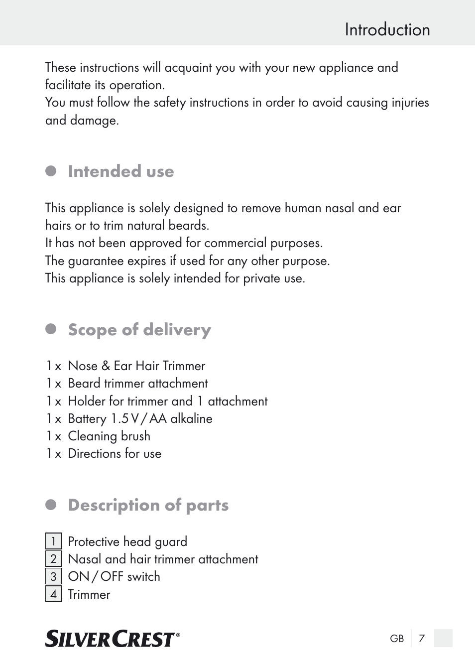 Introduction, Intended use, Scope of delivery | Description of parts | Silvercrest Nose & Ear Hair Trimmer User Manual | Page 7 / 89