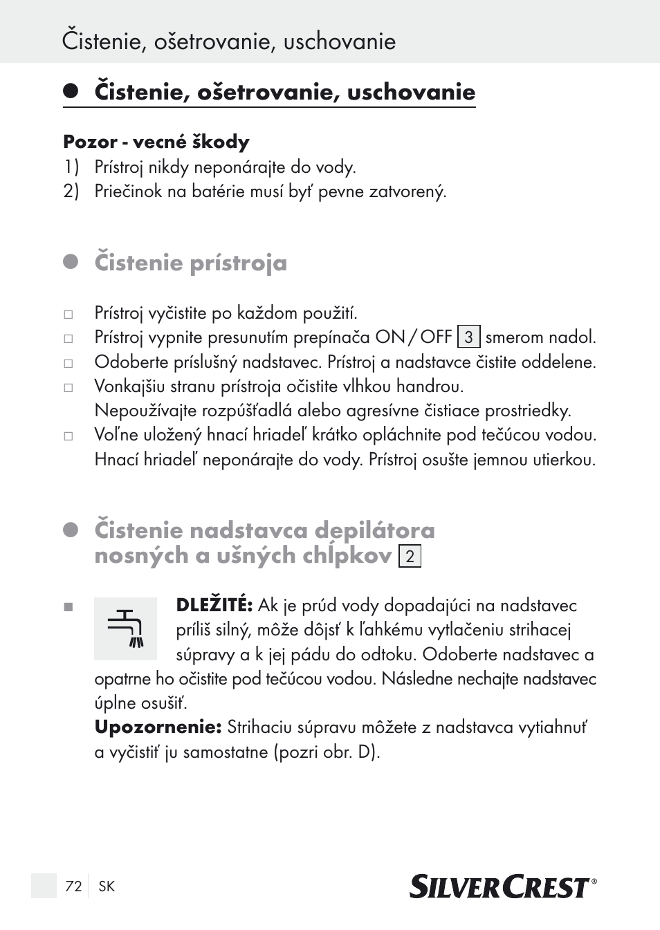 Čistenie, ošetrovanie, uschovanie, Čistenie prístroja | Silvercrest Nose & Ear Hair Trimmer User Manual | Page 72 / 89