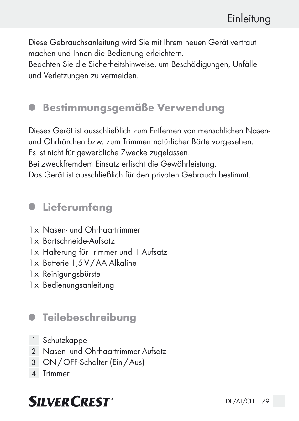 Einleitung, Bestimmungsgemäße verwendung, Lieferumfang | Teilebeschreibung | Silvercrest Nose & Ear Hair Trimmer User Manual | Page 79 / 89