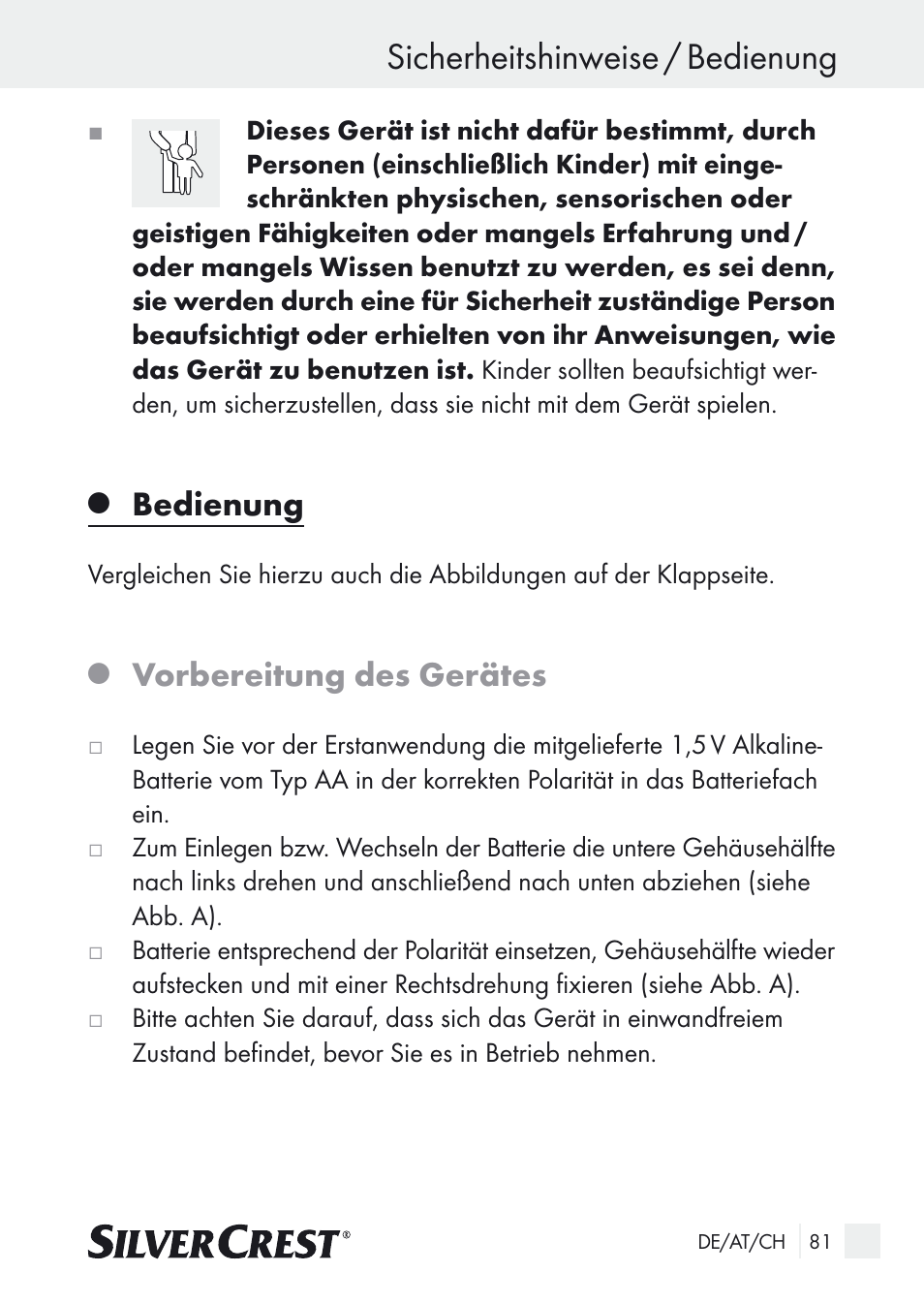 Sicherheitshinweise / bedienung, Bedienung, Vorbereitung des gerätes | Silvercrest Nose & Ear Hair Trimmer User Manual | Page 81 / 89