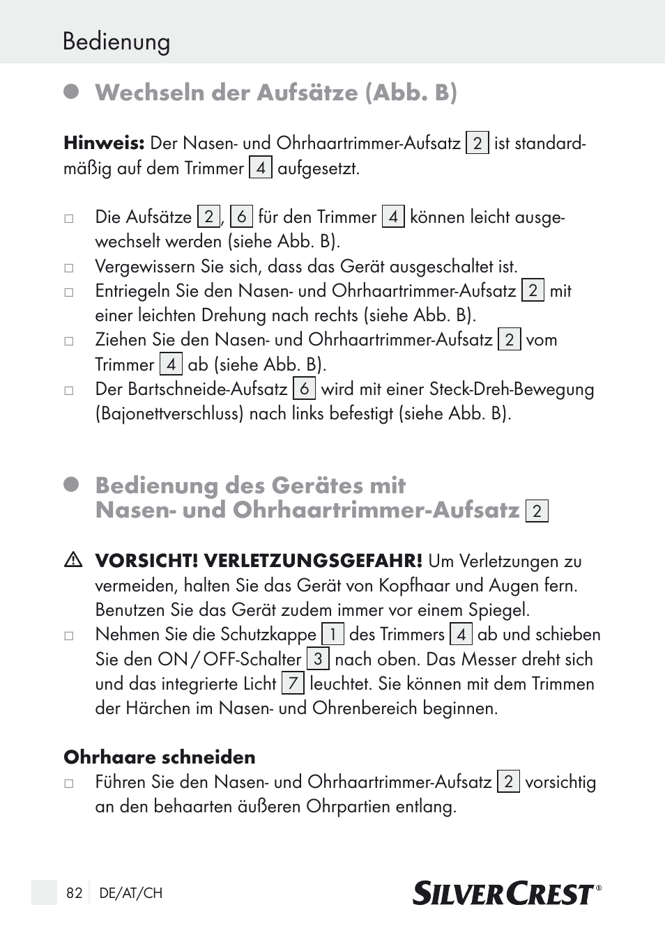 Bedienung, Wechseln der aufsätze (abb. b) | Silvercrest Nose & Ear Hair Trimmer User Manual | Page 82 / 89