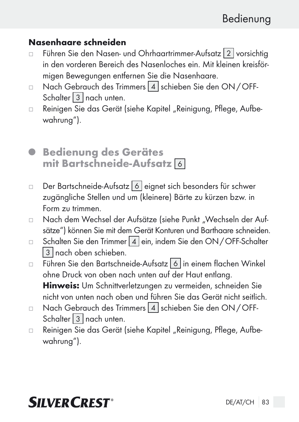 Bedienung, Bedienung des gerätes mit bartschneide-aufsatz | Silvercrest Nose & Ear Hair Trimmer User Manual | Page 83 / 89