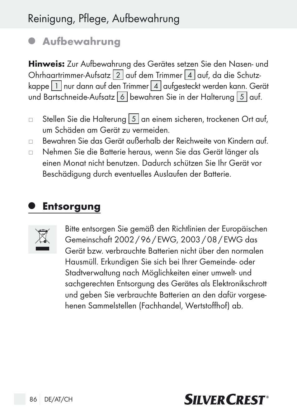 Reinigung, pflege, aufbewahrung, Aufbewahrung, Entsorgung | Silvercrest Nose & Ear Hair Trimmer User Manual | Page 86 / 89