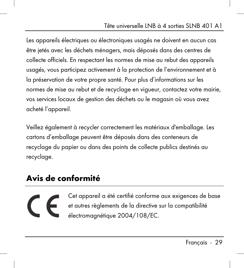 Avis de conformité | Silvercrest SLNB 401 A1 User Manual | Page 31 / 68