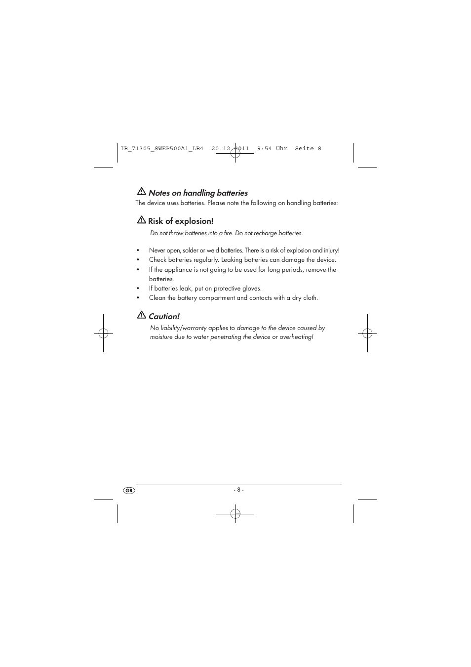 Risk of explosion, Caution | Silvercrest SWEP 500 A1 User Manual | Page 10 / 226