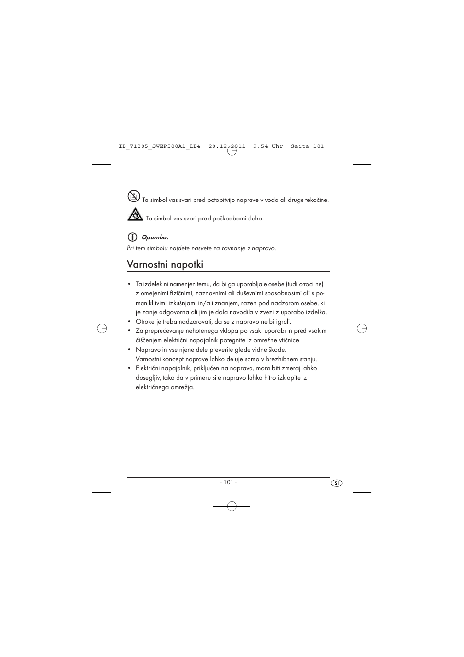 Varnostni napotki | Silvercrest SWEP 500 A1 User Manual | Page 103 / 226