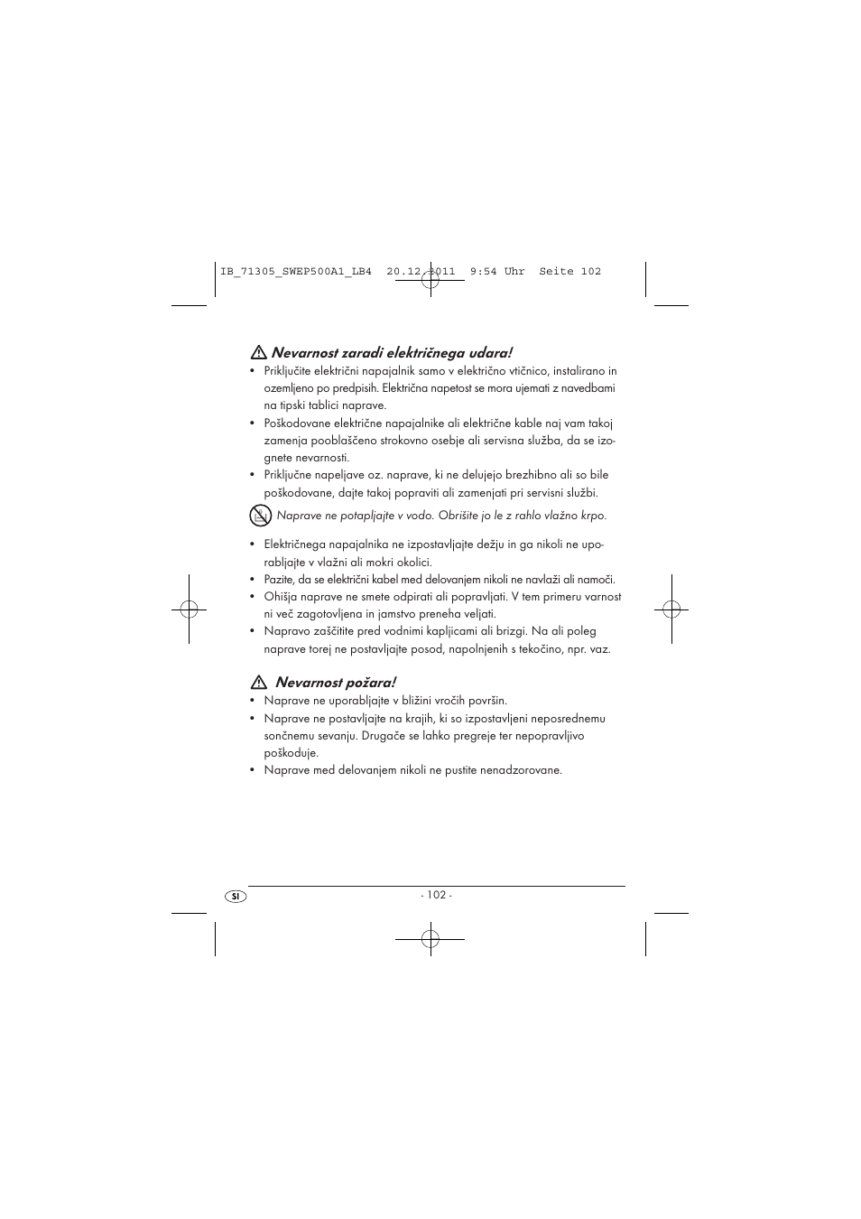 Nevarnost zaradi električnega udara, Nevarnost požara | Silvercrest SWEP 500 A1 User Manual | Page 104 / 226