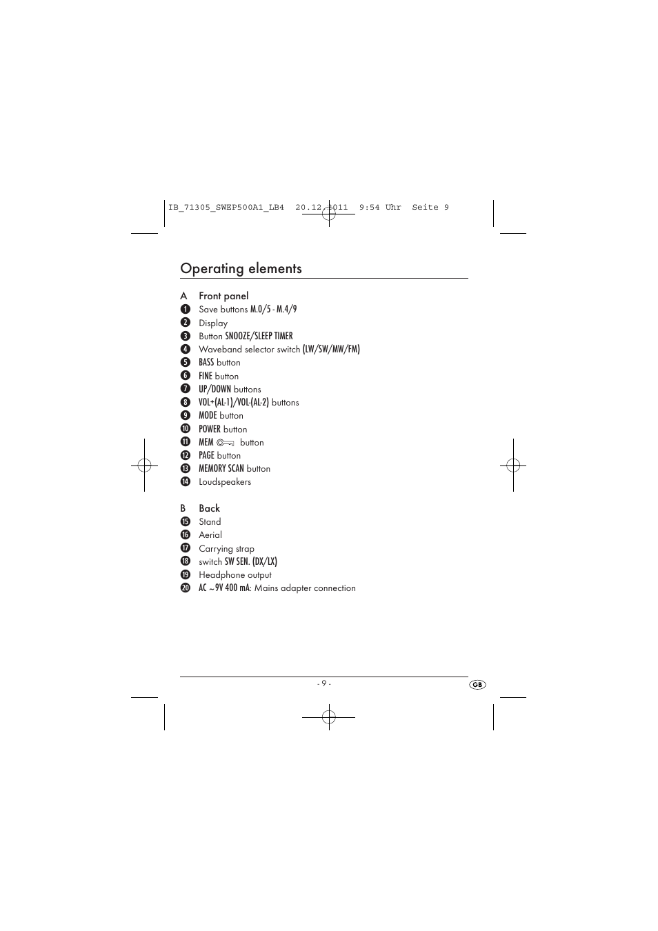 Operating elements | Silvercrest SWEP 500 A1 User Manual | Page 11 / 226